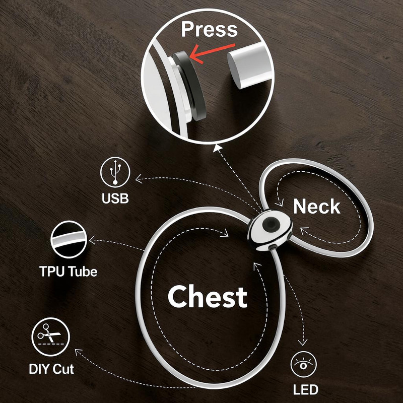 Harnais lumineux transparent SHINY pour chiens, marque Nobby, sur fond bois foncé. Met en valeur le cou et la poitrine : fermeture à bouton-pression, recharge USB, tube TPU flexible 8 mm raccourcissable, LED intégrées.