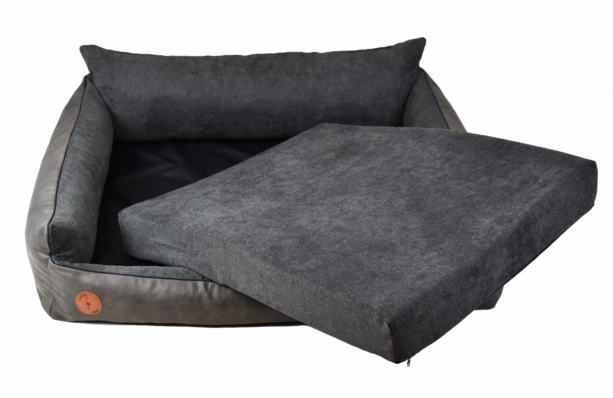 Dunkelgraues, orthopädisches Hundebett von Lauren Design mit herausnehmbarer Matratze.
