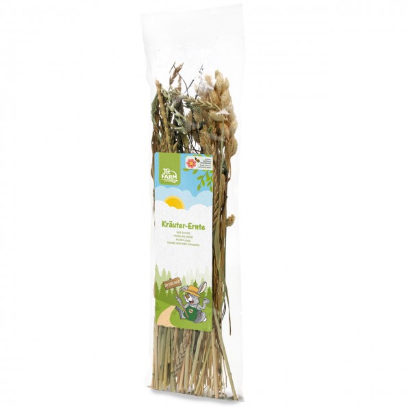 Transparent packaging containing dried herbs, grasses and cereal ears, such as oats. The packet has a white and green label featuring the ‘JR Farm’ logo, a sun, clouds, the words ‘Herb Harvest’ and a rabbit.