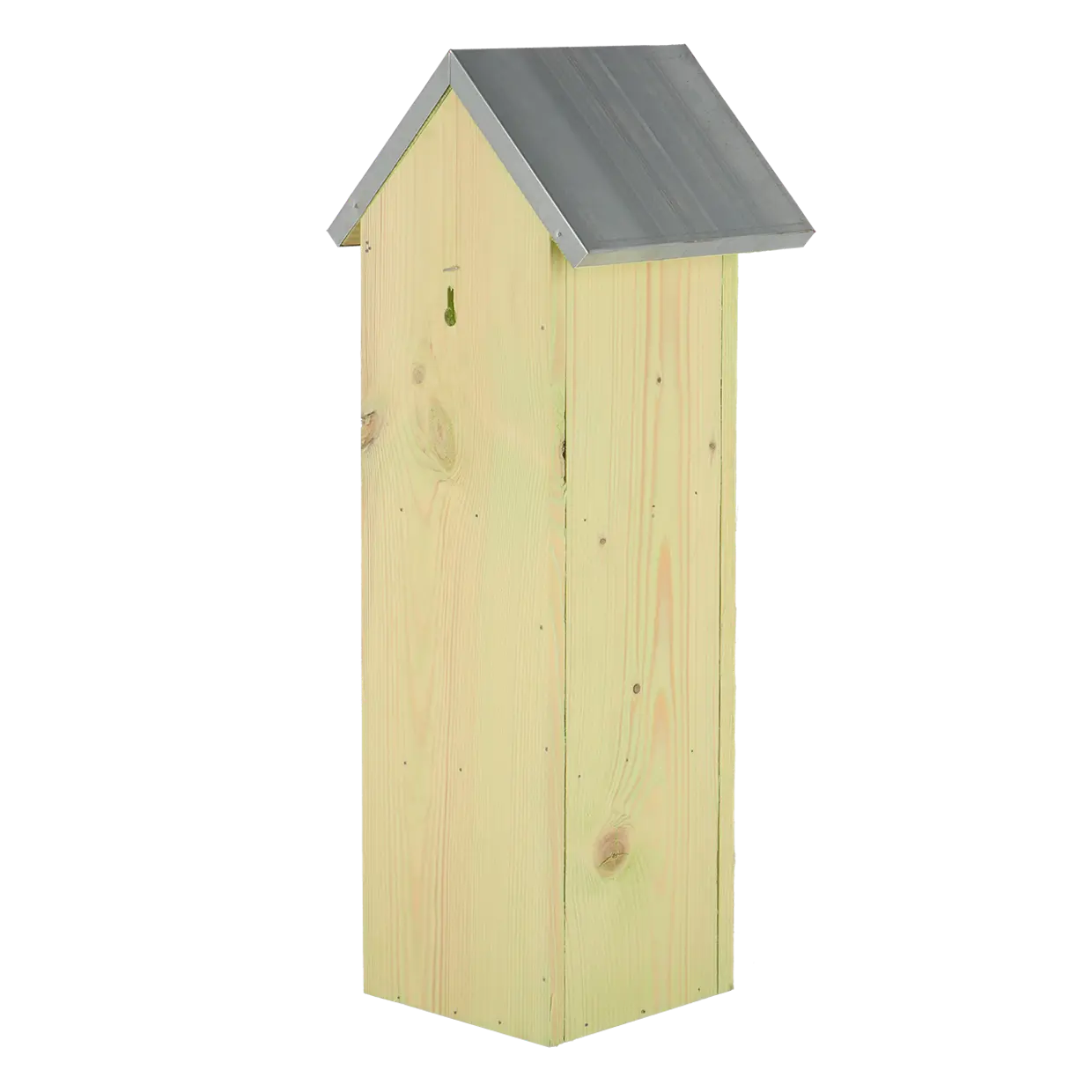Cassa di legno in formato verticale con tetto spiovente in metallo grigio, ritagliata su sfondo nero. Legno chiaro e naturale con venature e nodi visibili. In alto a sinistra, nella parte anteriore, piccolo gancio verde.