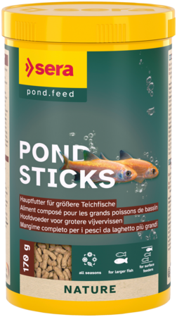 Grüner Behälter mit gelbem Deckel für Sera Pond Sticks, Hauptfutter für größere Teichfische. Auf dem Etikett sind zwei orange Fische neben „POND STICKS“. Nahaufnahme: längliche, braune Sticks, schwimmen oben.