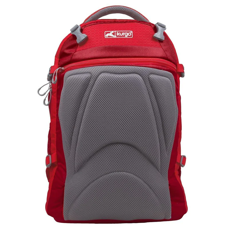 Red Kurgo backpack with padded, grey back section and carrying handle, front view.
