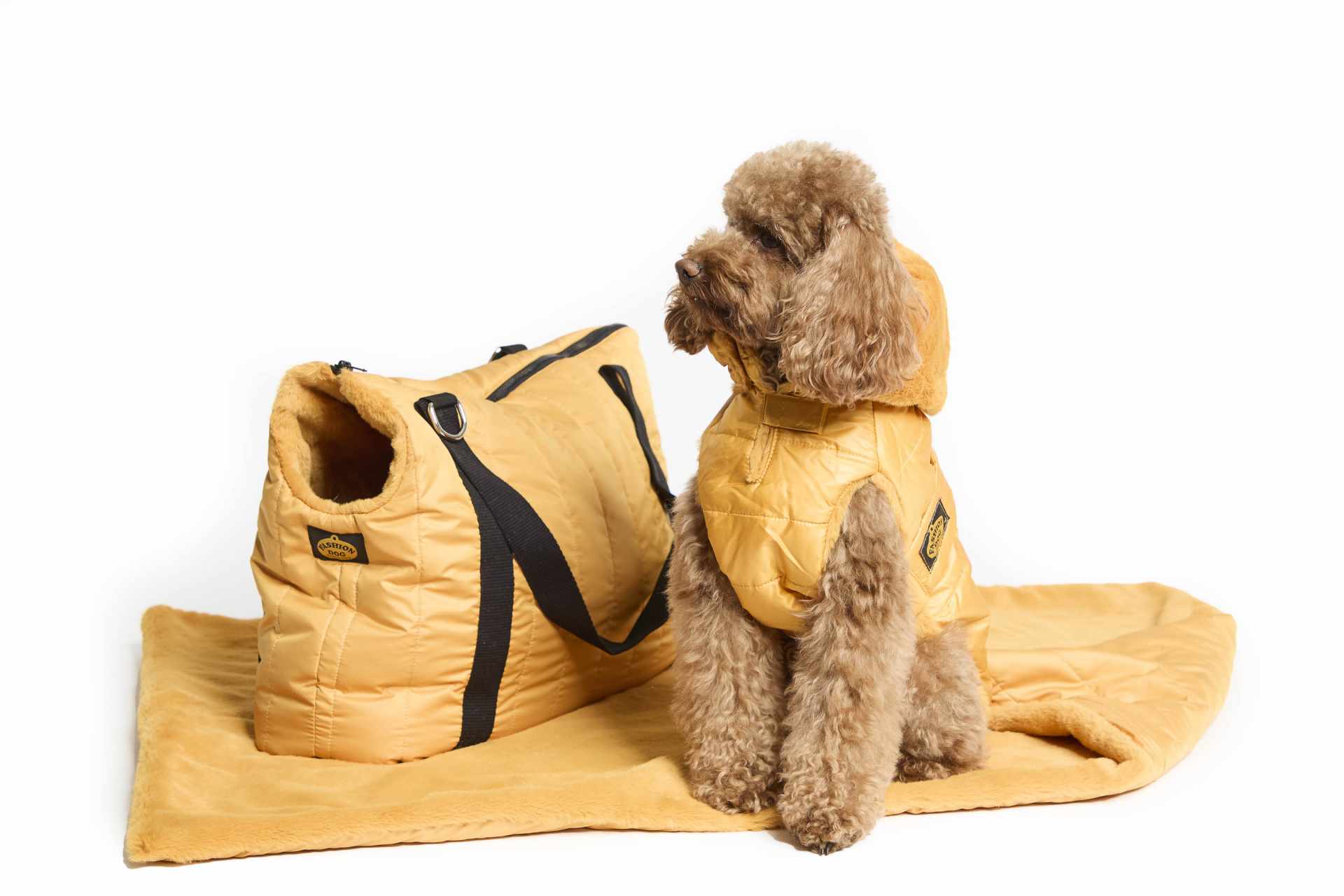 Quilted coat with detachable hood and faux fur lining mustard yellow