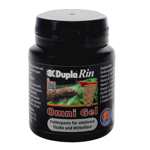 Barattolo nero di DuplaRin Omni Gel con immagine di pesci e gamberetti, pasta alimentare per abitanti onnivori dell'acquario.