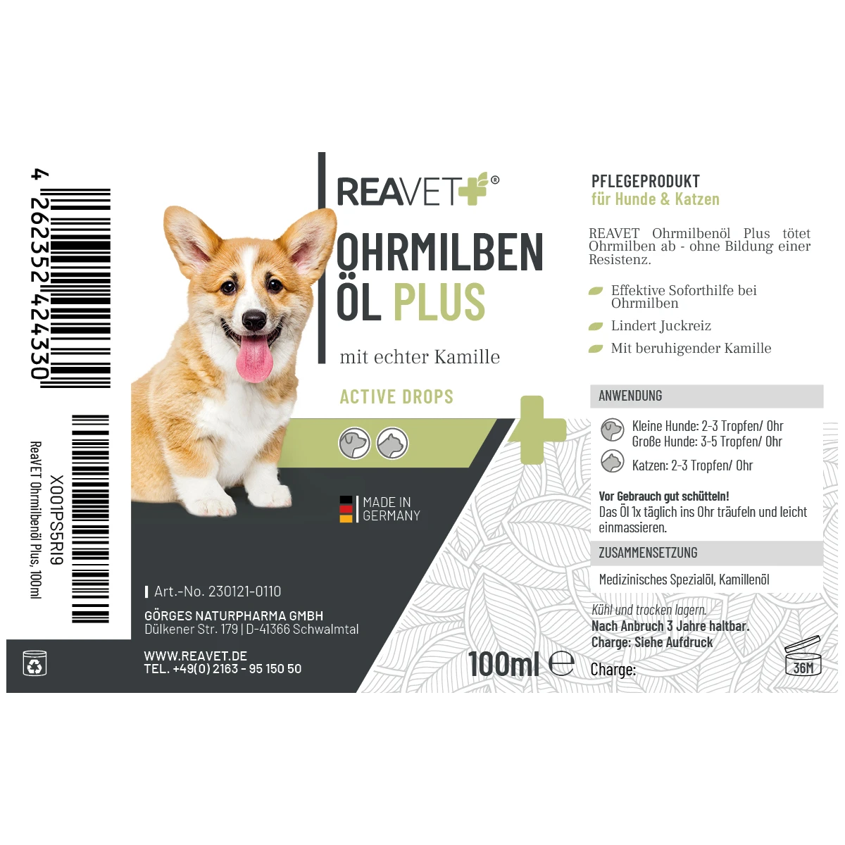 Etikett für REAVET Ohrmilbenöl Plus. Ein lächelnder Corgi-Welpe mit braun-weißem Fell und heraushängender Zunge ist abgebildet. Bewirbt Kamillenöl als Soforthilfe gegen Ohrmilben und Juckreiz für Hunde und Katzen.