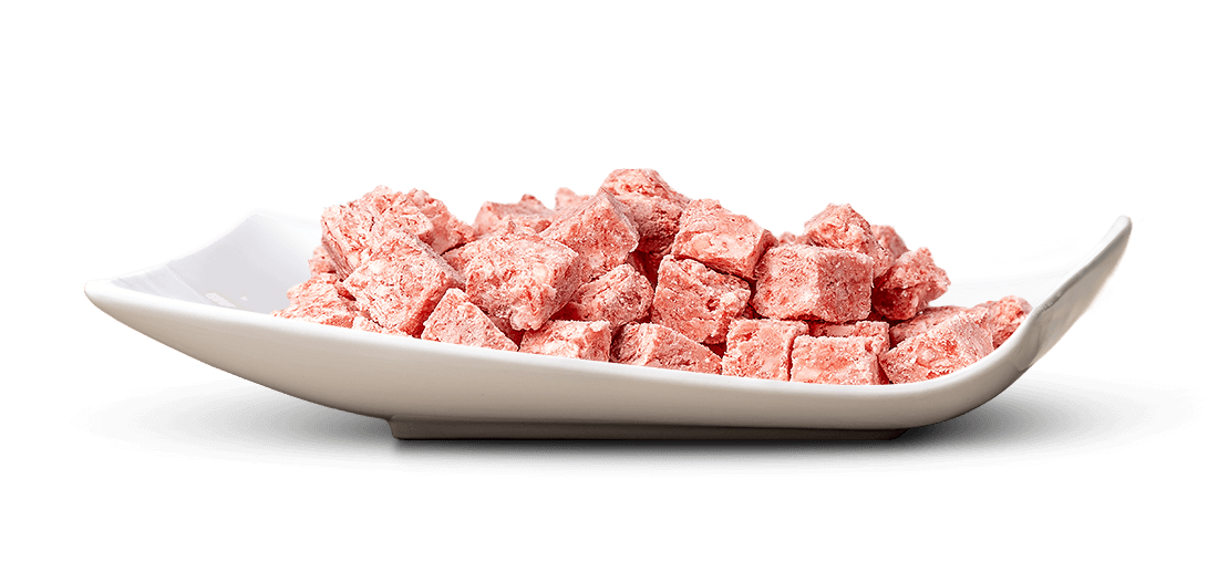 Eine Fülle von kleinen, hellroten, unregelmäßig geformten Würfeln, die gefriergetrockneten Früchten ähneln, liegt in einer stilvollen, geschwungenen weißen Schale. Die Stücke haben eine leicht pudrige Textur und sind gleichmäßig verteilt.
