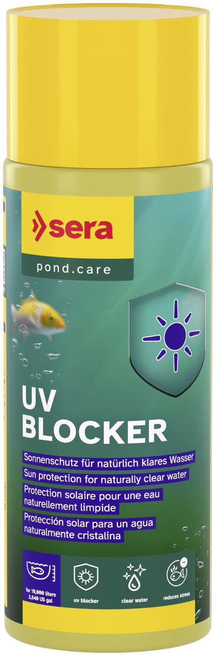 Gelbe Flasche Sera Pond UV Blocker mit Fisch und Sonne-Symbol. Schützt Teichbewohner vor UV-Strahlung, für klares Wasser.