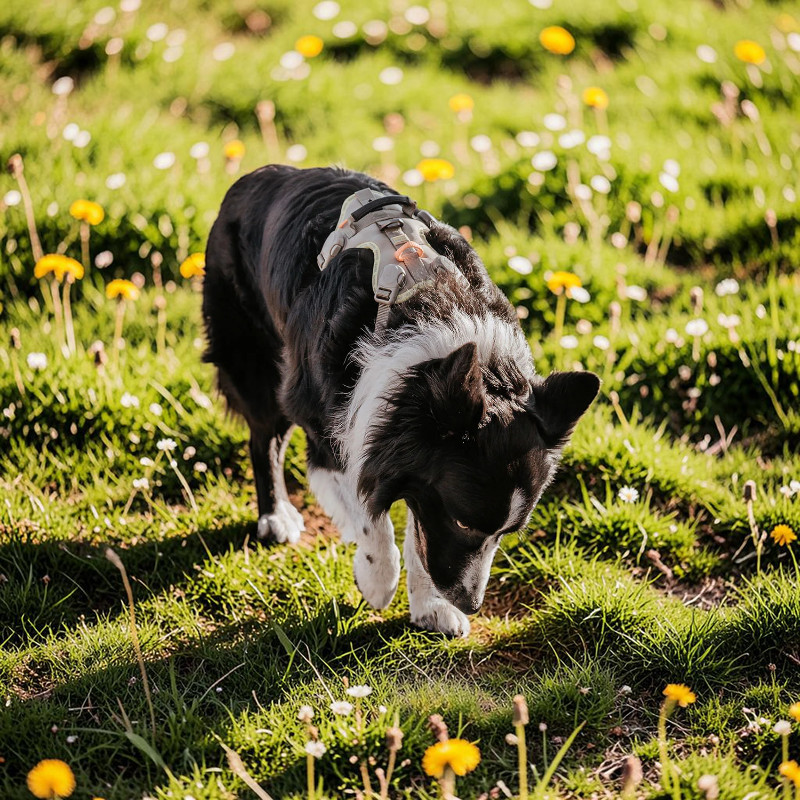 A black-and-white dog wearing a grey-green ErgoMove Pro dog harness is running across a sunny meadow. With its head bowed, it sniffs amongst the yellow dandelions and white daisies in the grass. The sun casts long shadows.
