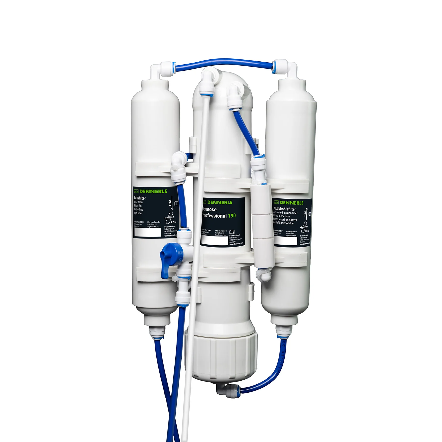 Dennerle Osmose Professional 190 water filter system comprising three white, vertical cylinders connected by blue and white hoses. A blue stopcock on the side. Labelled: fine filter, activated carbon filter, osmosis unit.