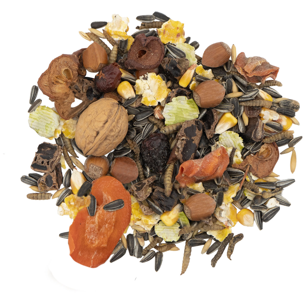 Nahaufnahme eines Futtermix für Kleintiere mit schwarzen Sonnenblumenkernen, goldenem Mais, Haselnüssen, Walnuss in Schale, getrockneten Apfel- und Karottenscheiben, dunklen Beeren und Insektenlarven auf hellem Hintergrund.