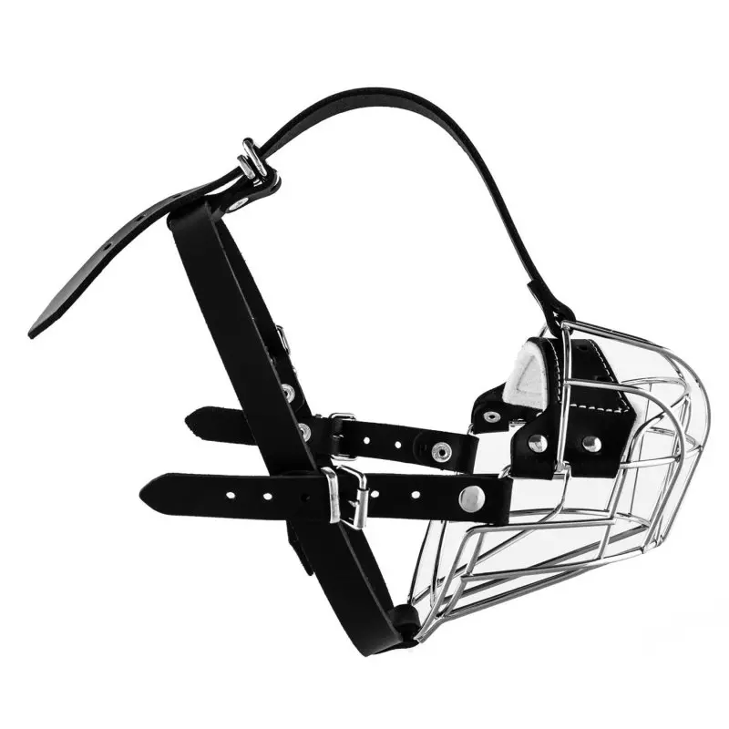 Metall Maulkorb mit schwarzen Lederriemen und Schnallen. Drahtgitter um die Schnauze und gepolsterte Stirnpartie.