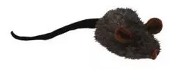 Souris jouet grise et noire avec une queue noire et des oreilles brunes.