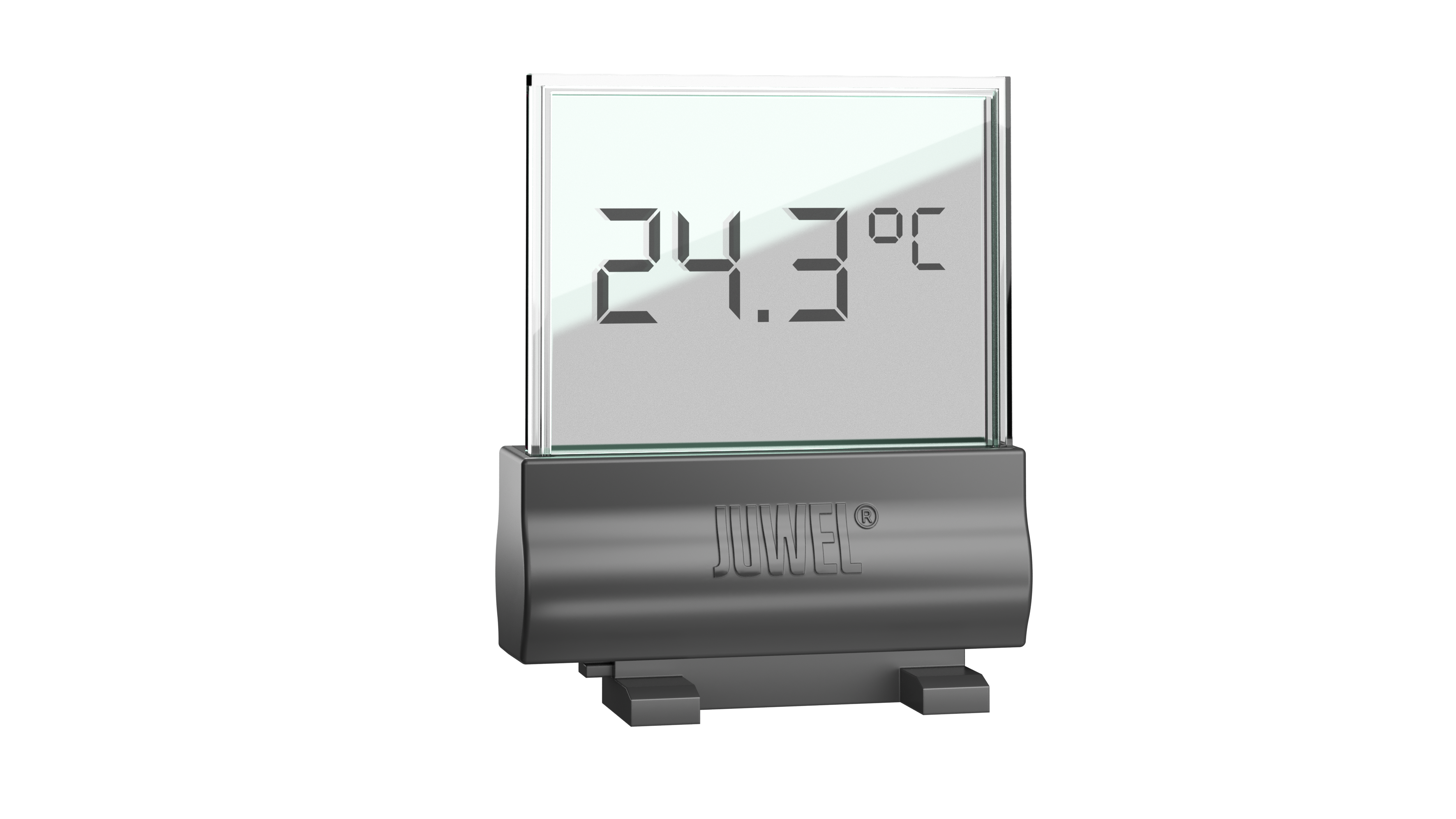 A slim, black Juwel Digital Thermometer 4.0 with a large, transparent LCD display that clearly shows 24.3 °C. It is designed for the precise monitoring of temperatures in freshwater and saltwater aquariums and is mounted on the outside of the aquarium.
