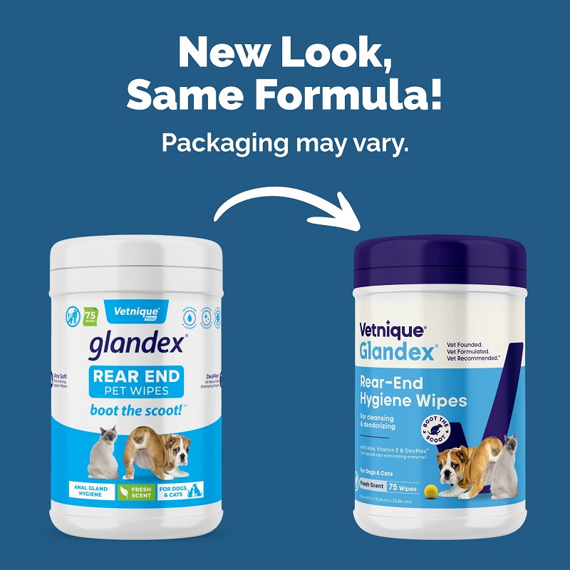 Deux boîtes de lingettes nettoyantes Glandex pour animaux sur fond bleu, ancien et nouveau packaging. Une flèche indique « New Look, Same Formula ! ». Pour l'hygiène des glandes anales, le nettoyage quotidien et l'élimination des odeurs.