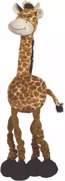 Giraffa di peluche in piedi di colore marrone chiaro con zampe lunghe e scure. Il viso è amichevole e le orecchie sono chiare.