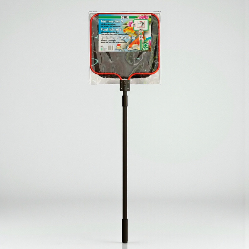 Rete da laghetto JBL Fine: rete con asta telescopica, confezionata con informazioni sul prodotto.