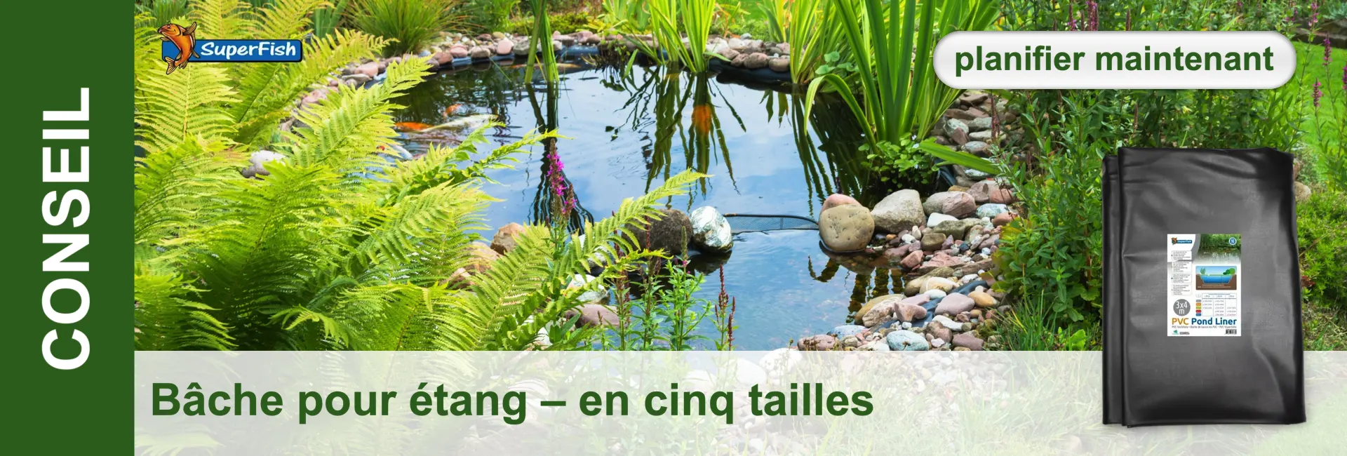 Un étang proche de l'état naturel avec des poissons, entouré de pierres et de plantes, avec en arrière-plan une bâche pour étang.