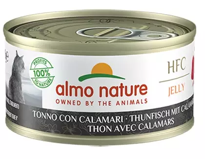 Una lattina di cibo per gatti Almo Nature HFC Jelly con tonno e calamari.