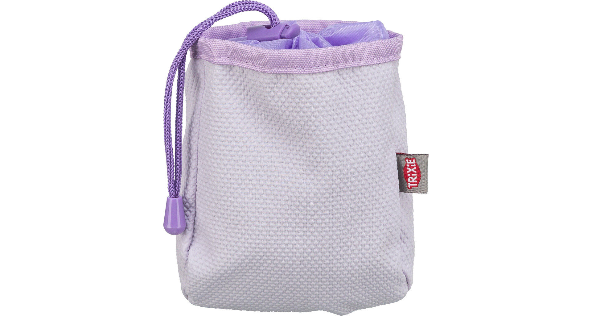 Hellviolette Stofftasche mit Kordelzug auf weißem Hintergrund. Feine waffelartige Textur, lila Kordelzug mit Stopper. Oben dunkellila Saum, rechts kleines rotes Etikett mit „TRIXIE“.