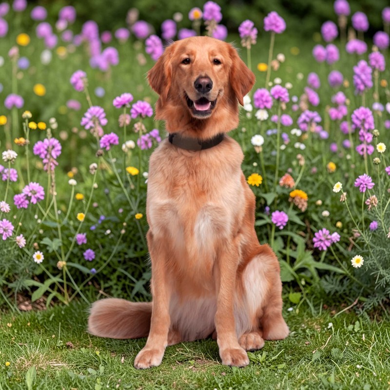 Sitzender, blonder Hovawart Hund mit Halsband vor Blumenwiese, Blickkontakt.