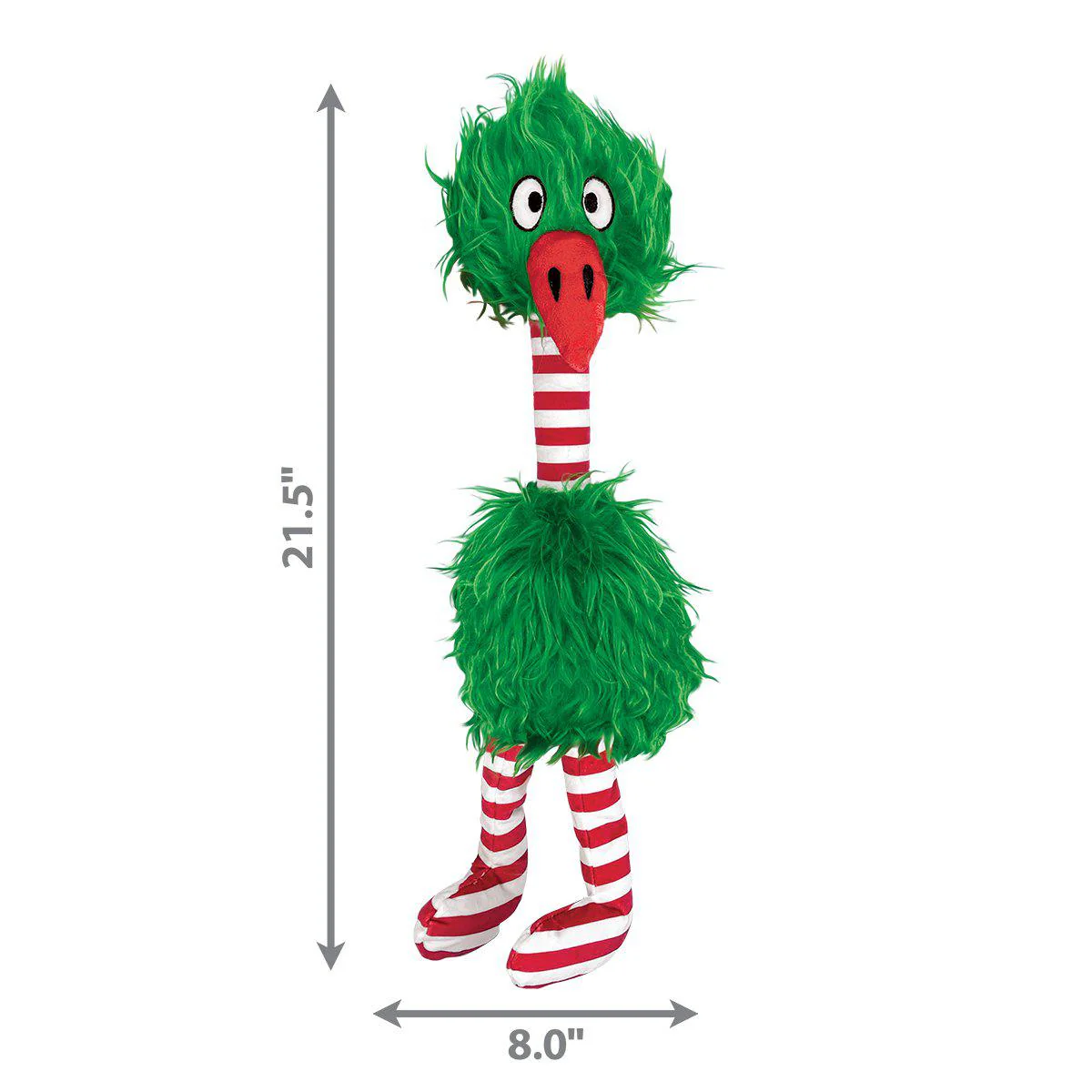 Green dog toy in the shape of a bird with red and white striped legs and neck with size indication.
