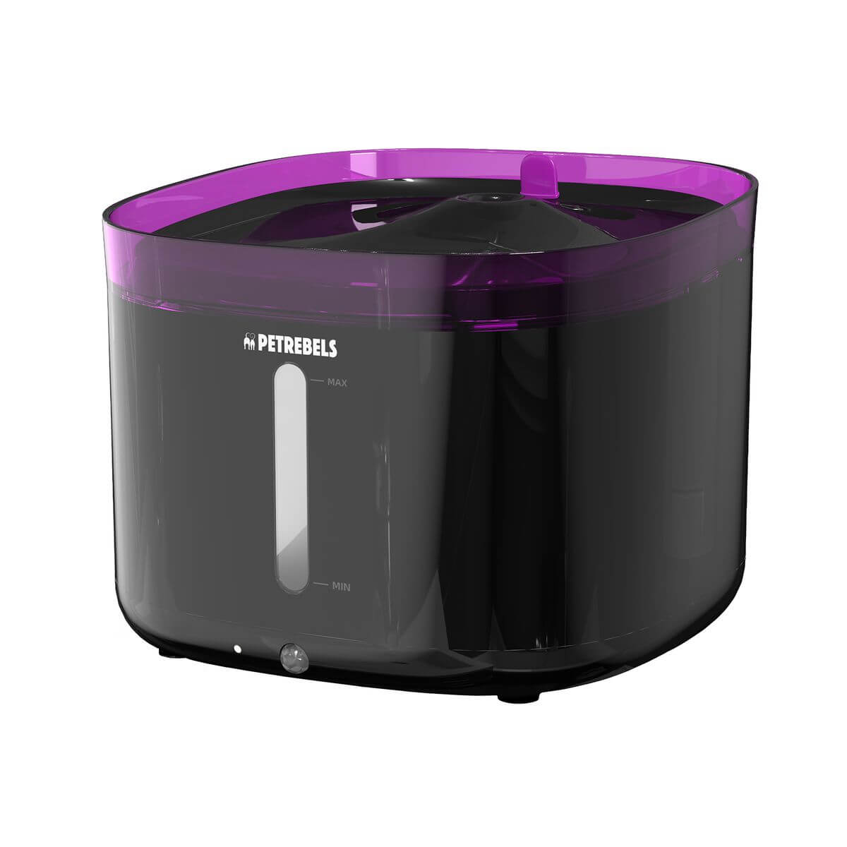 Eine dunkle, rechteckige Tierbrunnen-Einheit mit durchsichtigem lila Deckel. Ein durchsichtiger Streifen zeigt den Füllstand an.