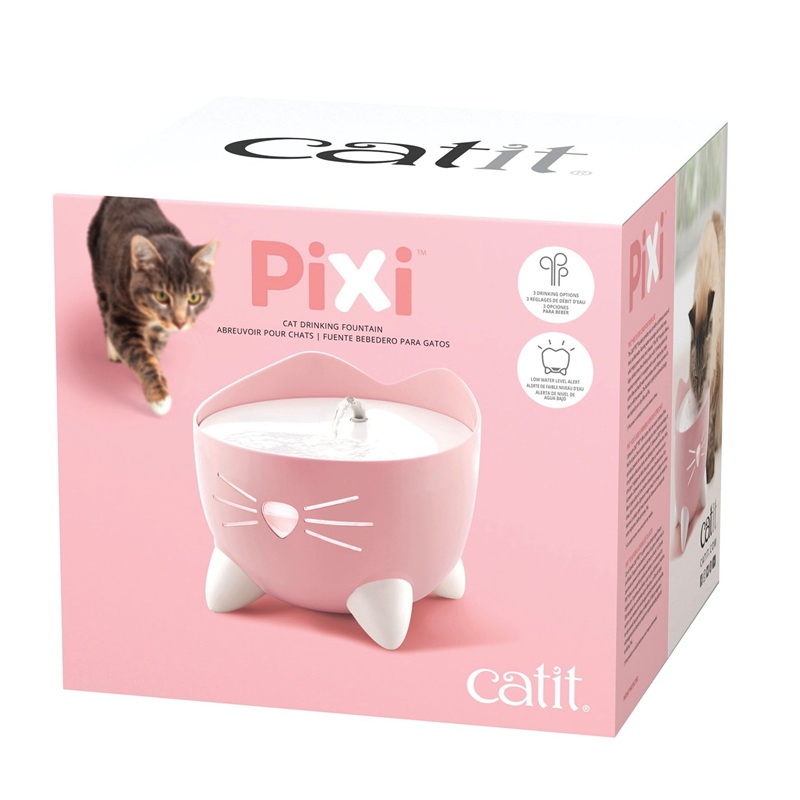 Packaging for the Pixi cat drinking fountain in pink with cat motif and water fountain. The cat is pictured on the packaging.