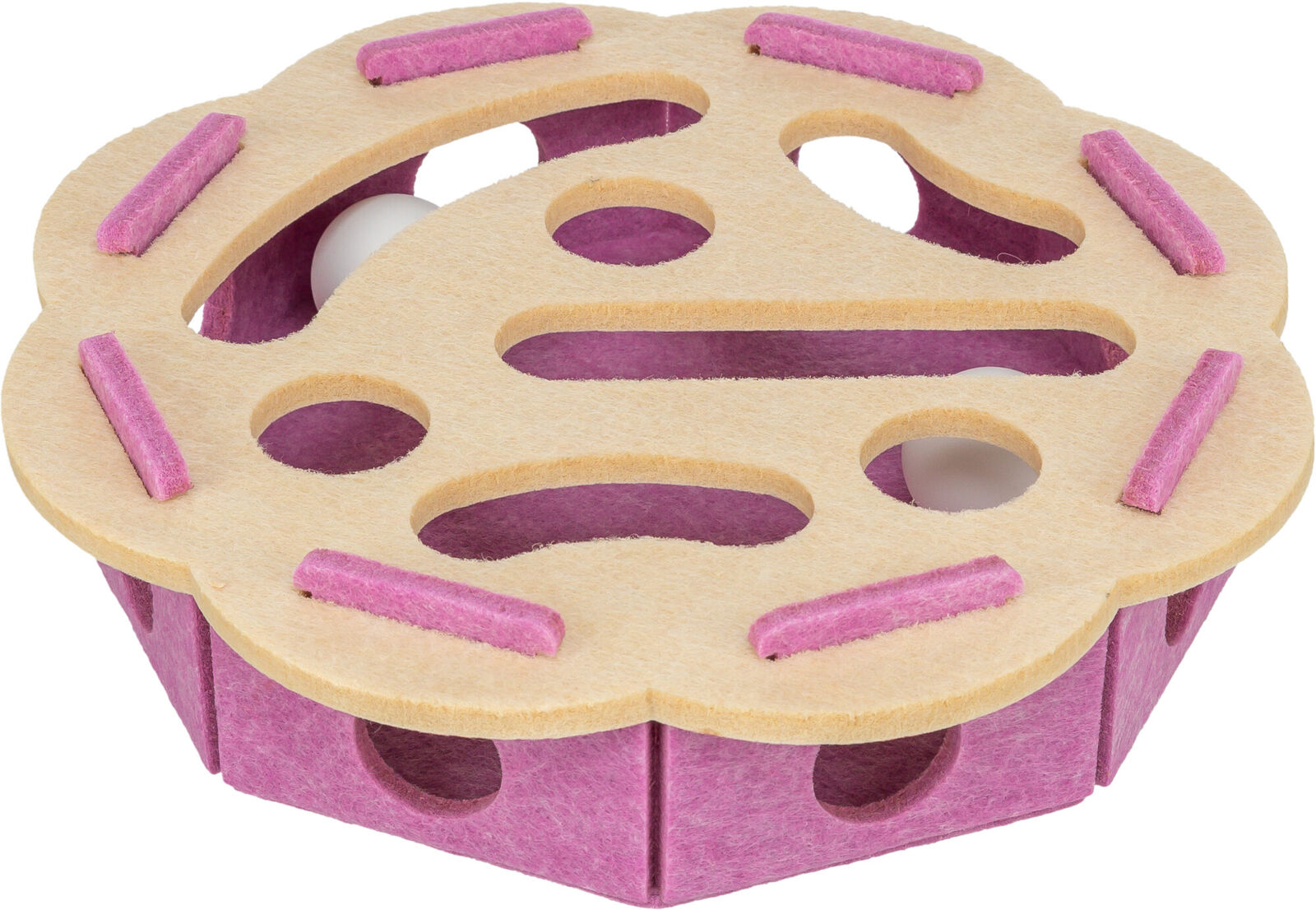 Giocattolo interattivo per gatti in feltro a forma di fiore esagonale. Base magenta con pannello beige e aperture rotonde e allungate da cui si vedono palline bianche interne. Strisce magenta sopra stimolano il gioco.