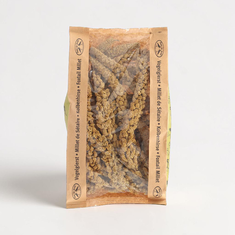Emballage transparent avec étiquette marron, rempli de panicules de millet doré séchées. Nourriture naturelle pour oiseaux, idéale pour espèces sauvages et d’ornement. Texture à grains fins, prête à suspendre.