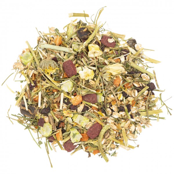 A pile of colourful, mixed pet food, consisting of dried green hay and grasses, orange carrot pieces, light green vegetable crisps, dark red pellets, light brown oat flakes and small black berries, lies on a white background.