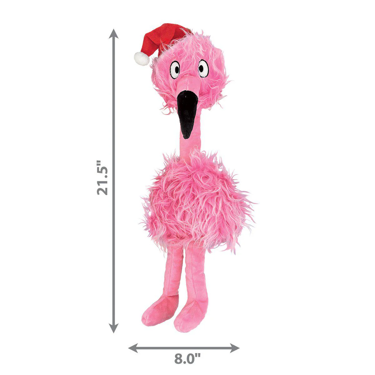 Plush toy flamingo with Christmas hat, pink fur, black beak, 21.5 inches high, 8 inches wide.
