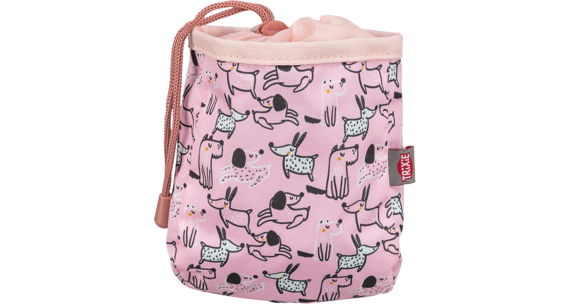 Rosa Stofftasche mit Zugband, verziert mit einem Muster aus stilisierten Hunden in verschiedenen Posen. Die Hunde sind als schwarze Umrisse oder mit schwarzen Flecken auf weißem Fell dargestellt. Pinkes Zugband mit Stopper. Roten TRIXIE-Etikett am Rand.