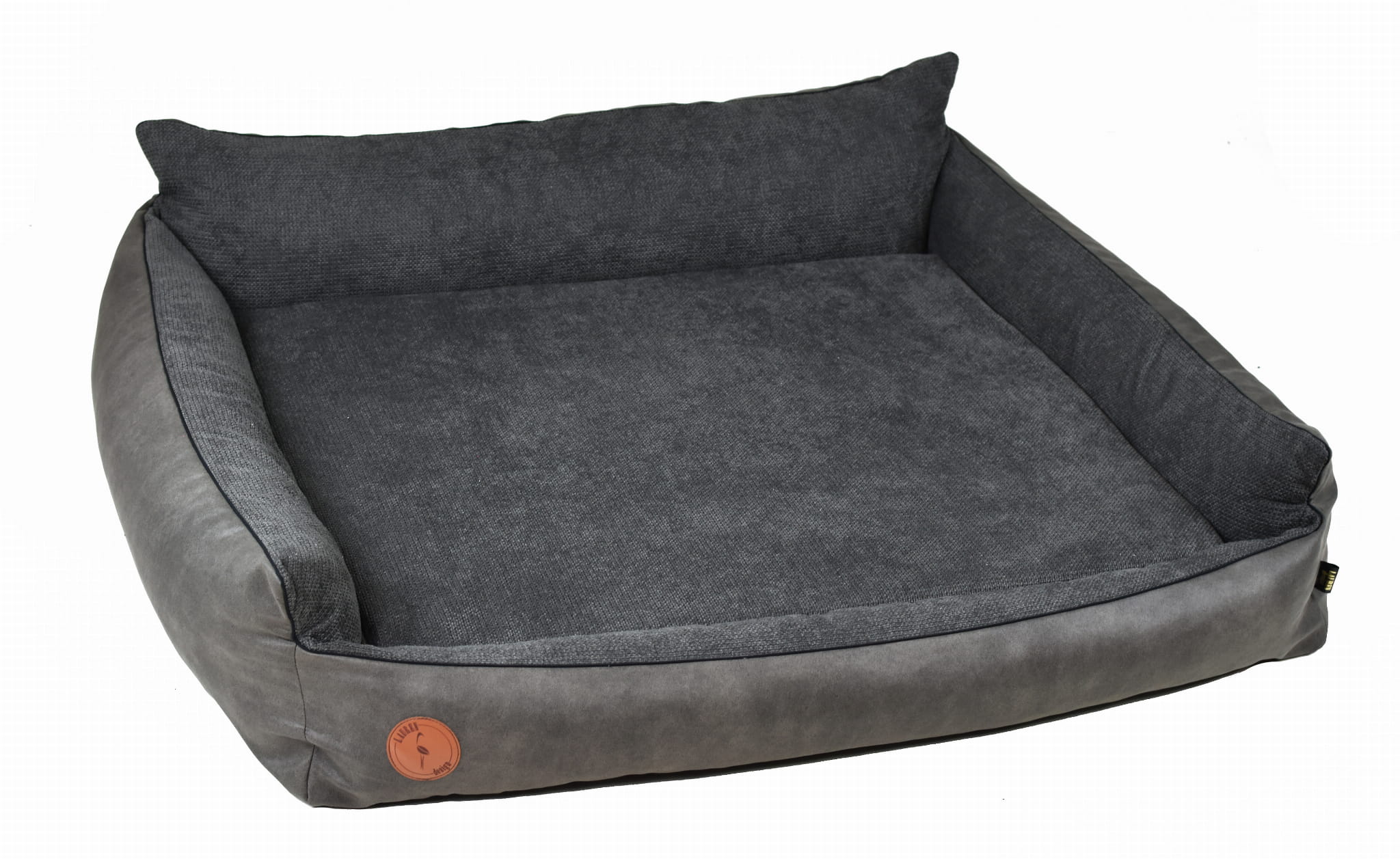 Dunkelgraues, orthopädisches Hundebett "ROCKY" mit erhöhter Rückenlehne und weichem Innenkissen.