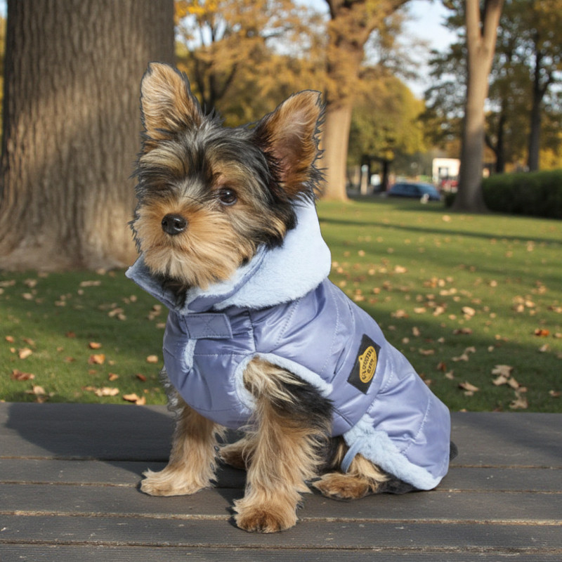 Quilted coat with detachable hood and faux fur lining light blue