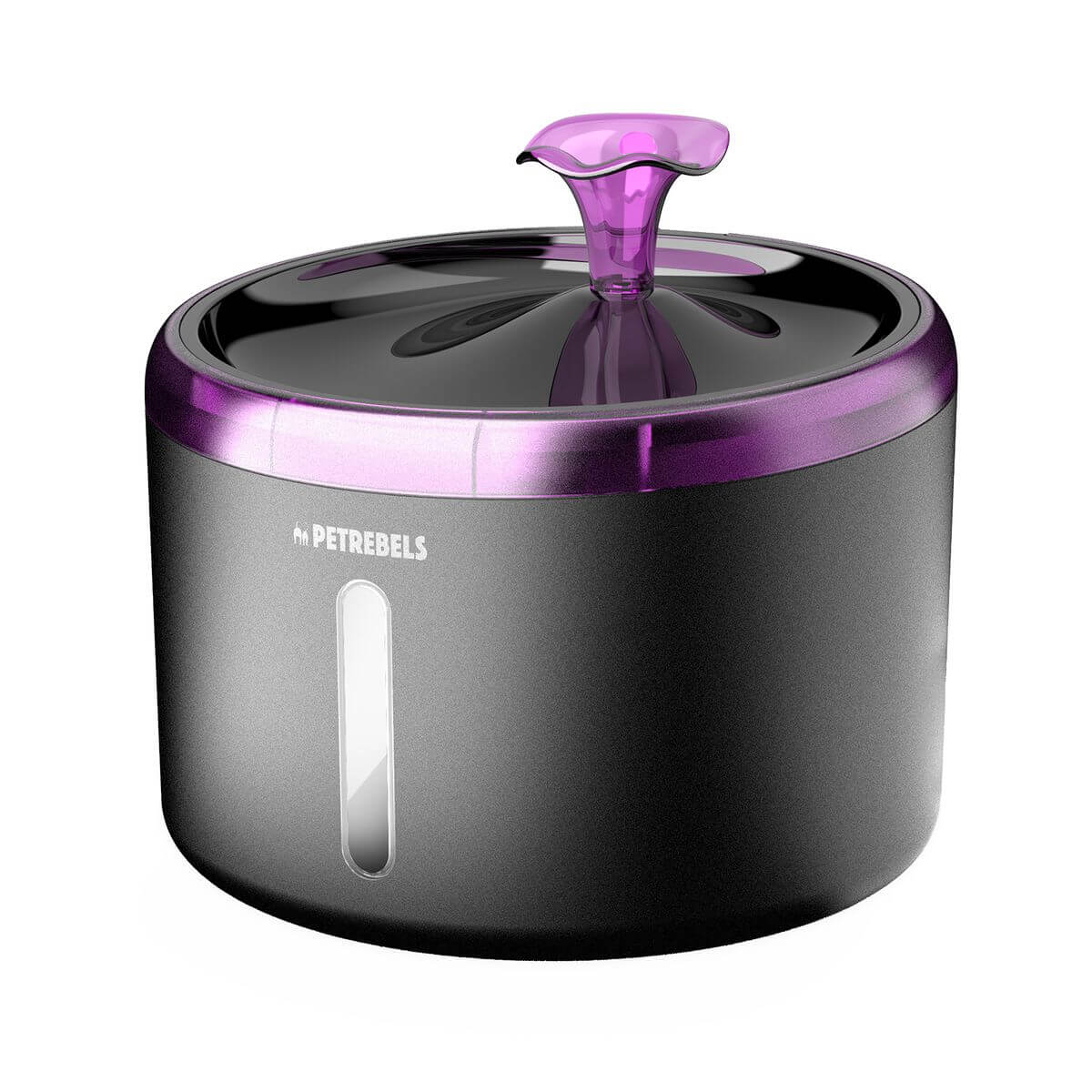 Grauer, runder Trinkbrunnen für Haustiere mit lila Akzenten und durchsichtigem Wasserstandsanzeiger. "PETREBELS" Logo ist abgebildet.
