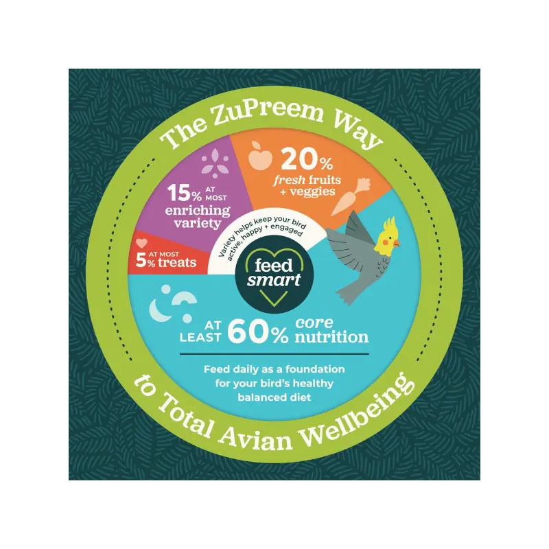 Infografica circolare sull'alimentazione degli uccelli: The ZuPreem Way. Grafico a torta: ≥60% prodotti core, 20% frutta e verdura fresca, ≤15% prodotti complementari, ≤5% snack premium. Calopsito accanto a feed smart.