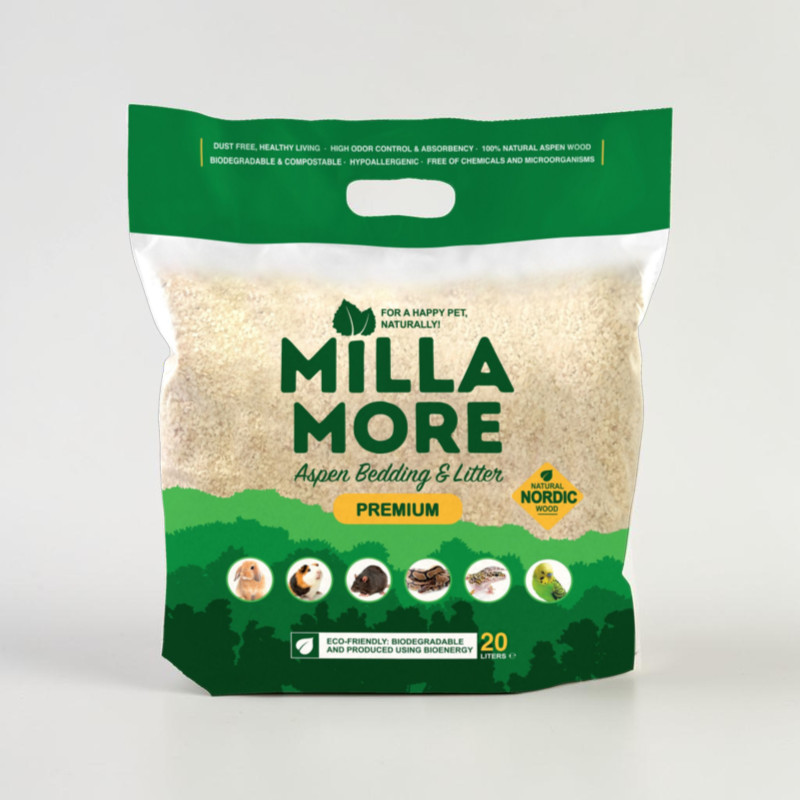 MILLAMORE Premium Kleintiereinstreu aus hellen Espenholzspänen im transparenten Beutel. Weiß-grüner Beutel mit Symbolen für Nager, Vögel und Reptilien. Staubfrei, hypoallergen, starke Geruchskontrolle, 100% nordisches Espenholz. Inhalt 20 L.
