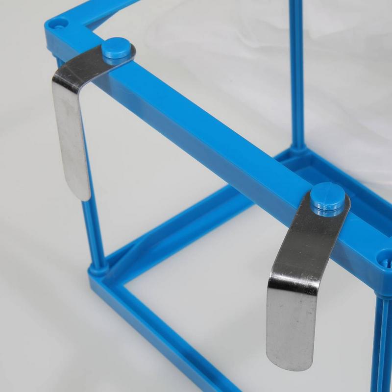 Close-up of the blue plastic frame of a mesh spawning box with two silver metal hooks on the sides. The hooks are attached to the top of the frame and are used to hang the box in the aquarium. The white mesh fabric is visible in the top right-hand corner.