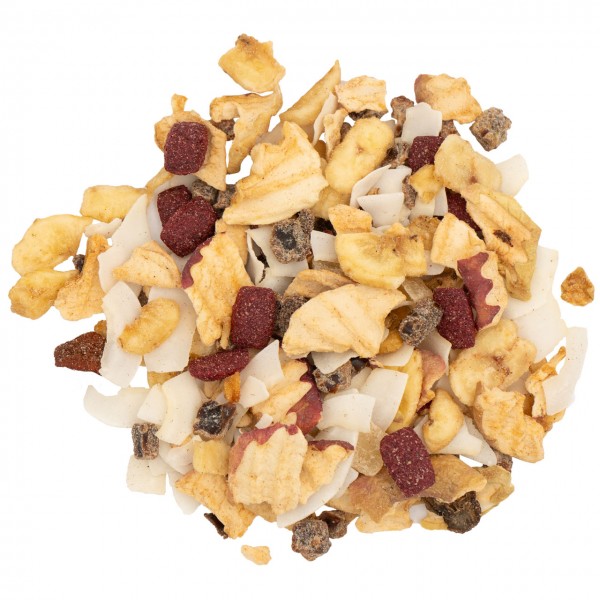 A colourful mix of dried fruit and desiccated coconut against a white background. It features pale yellow banana slices, light brown apple pieces, white coconut chips, dark red berries and dark, sticky pieces of fruit.