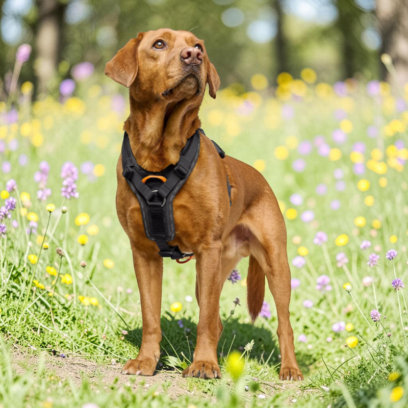 A medium-sized brown dog is wearing a black, ergonomic dog harness and is standing on a dirt track next to a green meadow dotted with yellow and purple wildflowers. He is looking up intently; his coat is glossy.