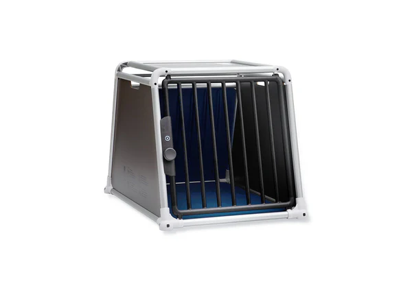 A dog crate, Alu4pets ECO 3, with door grille, blue interior and grey side panels, stands isolated on a white background.