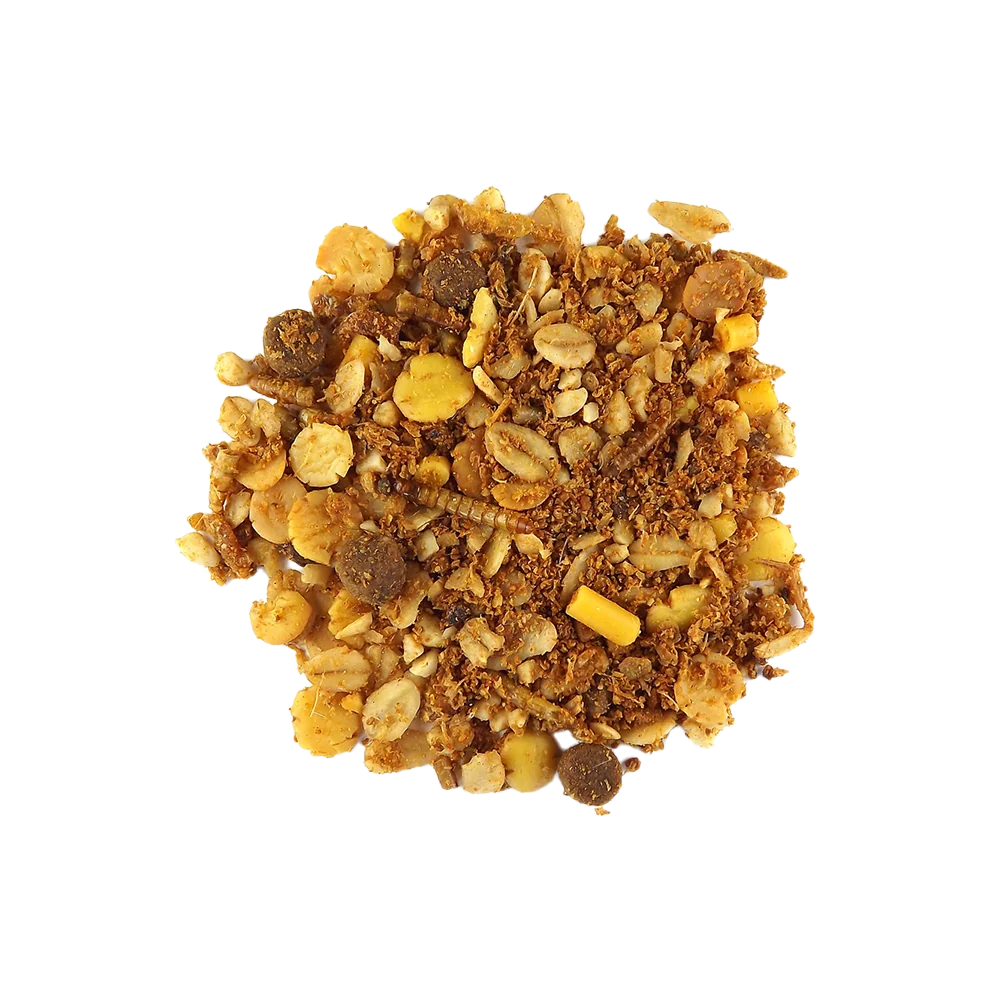 Mangime speciale per ricci con una miscela variegata: piccoli pellet marroni, fiocchi gialli piatti, pezzetti di cereali chiari e insetti essiccati allungati, come i vermi della farina, disposti su uno sfondo chiaro.