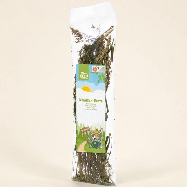 Su sfondo chiaro, un sacchetto di plastica trasparente e alto contiene fiori, steli e fili d'erba di camomilla essiccati. Un'etichetta colorata "JR Farm Raccolta di camomilla" mostra un coniglio cartoon in un paesaggio verde.