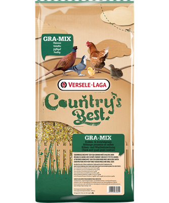Versele Laga Country's Best GRA-MIX poultry feed bag featuring illustrations of a pheasant, a pigeon, a brown hen, a chick and a quail. A product display window shows the grain mix, with a cardboard-like background featuring clouds.
