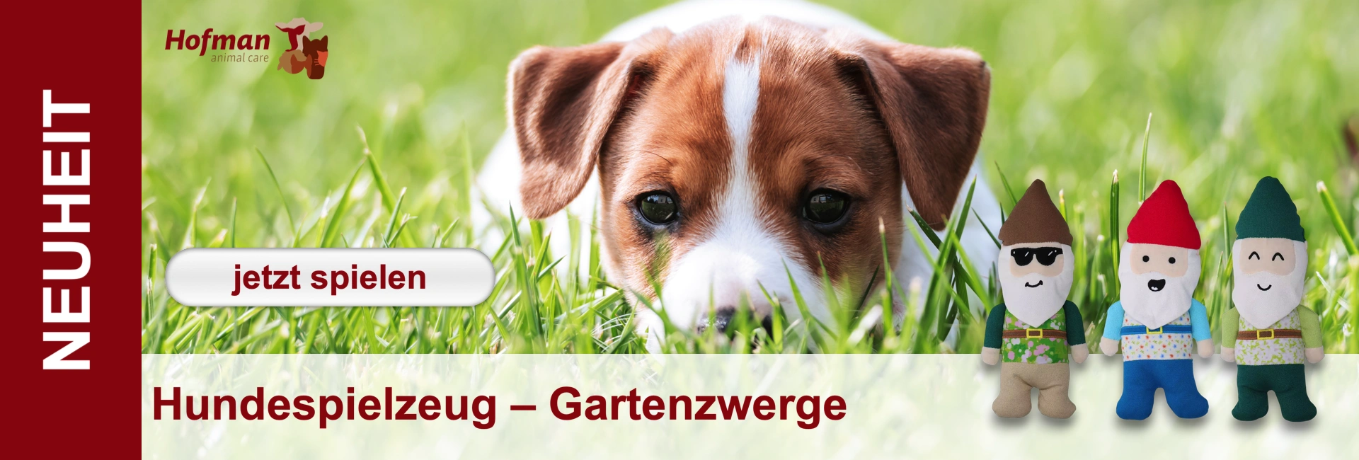 Cane nell'erba con tre gnomi da giardino in tessuto. Pulsante "Gioca ora". Titolo: Cane giocattolo - gnomi da giardino.