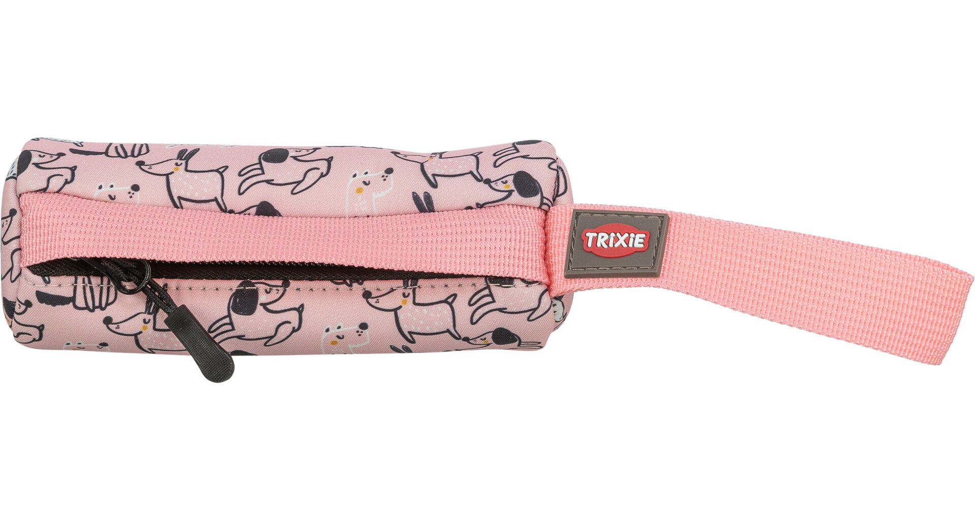 Längliche, hellrosa Futtertasche für Hunde, verziert mit stilisierten, laufenden Hunden in Schwarz-Weiß. Mit rosafarbenem Reißverschluss oben und passendem Tragegurt sowie kleinem grauen TRIXIE-Logo-Etikett seitlich.