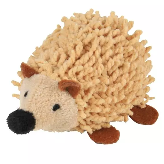 Riccio di peluche beige con frange, occhi e naso neri, orecchie e zampe marroni.