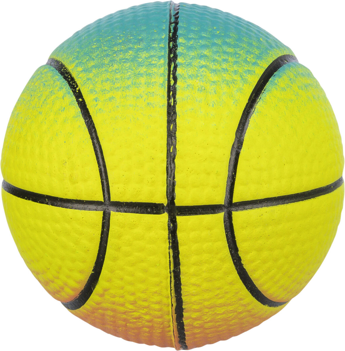 Pallone da gioco piccolo e morbido con design da basket e sfumature: giallo al centro, turchese sopra, arancione sotto. Superficie leggermente ruvida, con tipiche linee nere ben visibili in rilievo.