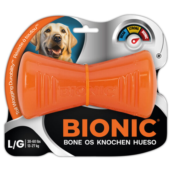 Confezione di un osso giocattolo per cani Bionic arancione con illustrazione di un Labrador e indicatore di forza.