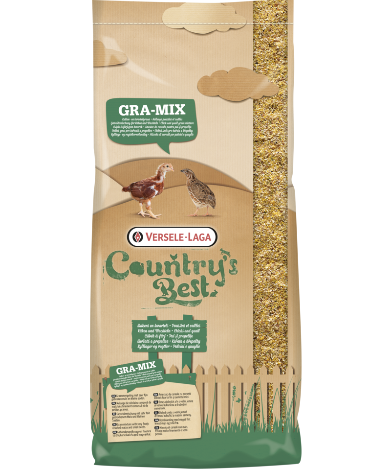 Brown paper bag of Versele Laga Country’s Best GRA-MIX chicken feed. Illustration of a brown chick and a speckled quail against a rustic background featuring clouds and a wooden fence. Golden grain texture on the right.